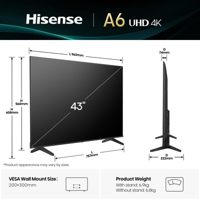 Телевизор Hisense 43A6Q, 43", 4K Smart, црн