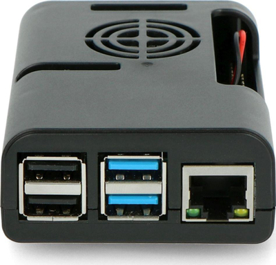 Kuti mbrojtëse JustPi për Raspberry Pi 4B, me ventilator, plastike, e zezë