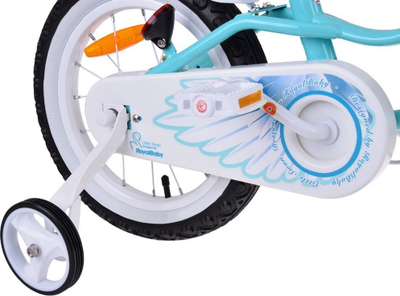 Biçikletë për kalamaj RoyalBaby Cute Bike 14" Little Swan RB14-18, me rrota ndihmëse, shportë, ngjyrë turquoise