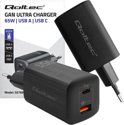 Karikues murale Qoltec GaN Ultra, 65W, USB C PD dhe USB, i zi