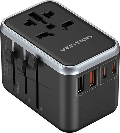 Adaptues udhëtimi Vention 4 Port USB GaN, 65W, 2x USB C 2x USB A, i zi