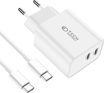 Karikues rrjeti Tech-Protect C35W, 2 porta USB-C PD 35W, me kabllo USB-C 1m, i bardhë