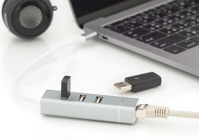 USB-Ц хаб Digitus 3 порти, Fast Ethernet LAN, сребрен