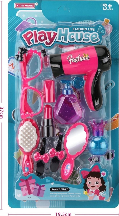 Set lodrash parukerie Yi Te Meng Play House, tharëse flokësh dhe aksesorë, 19.5cm x 37cm, rozë shumëngjyrëshe