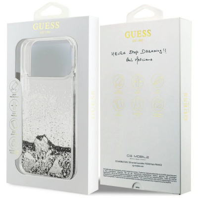 Kapak telefoni Guess Liquid Glitter Charms GUHCP17XGLHFLSI, për iPhone 17 Pro Max, transparent me shkëlqim, ngjyrë argjendi