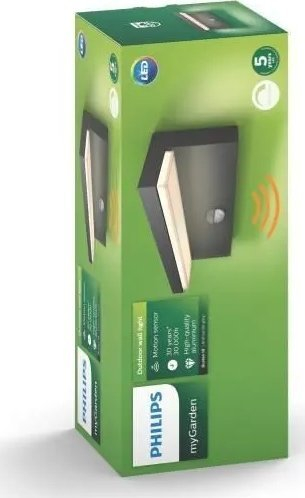 Llambë murale e jashtme Philips Bustan, LED 9W, me sensor lëvizjeje, antracit