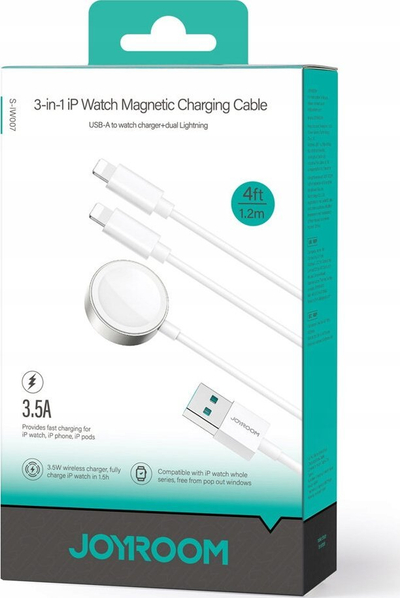 Kабел за полнење 3 во 1 Joyroom S-IW007, USB A, Lightning и Apple Watch, 1.2m, црна