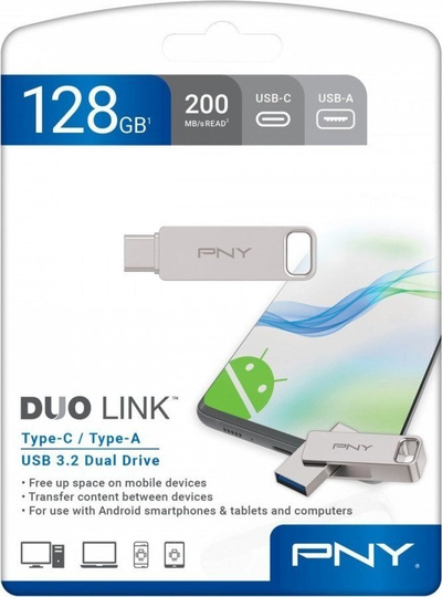 USB PNY Duo-Link, 128GB, USB Type-C edhe USB, argjendi