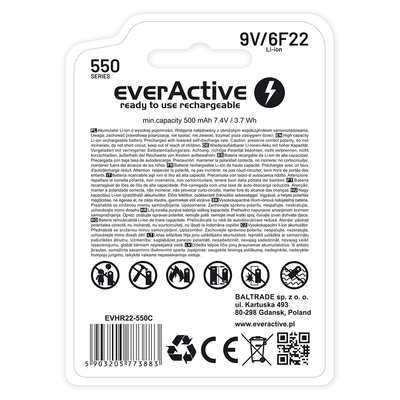 Bateri rikarikuese EverActive 550 Series, 9V 6F22 Li ion, 500mAh, e bardhë