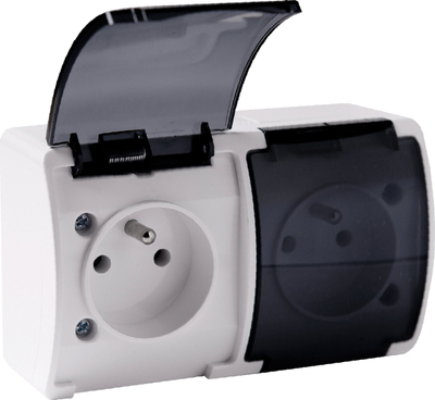 Prizë dyshe Dymio Aquatic Double Socket 2x2P+E, IP44, paketim 10 copë, e bardhë smoked