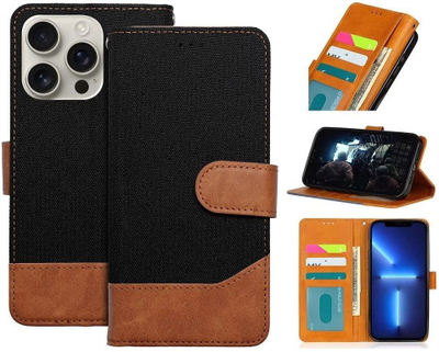 Këllëf portofol për telefon Apple iPhone 16e JEANS, me xhepa për karta, me mbyllje magnetike, i zi elegant