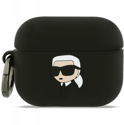 Mbështjellës silikoni Karl Lagerfeld Karl Head 3D për AirPods Pro 3, me karabinë, i zi
