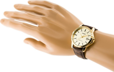 Orë Casio MTPV004GL-9A quartz, me rrip lëkure kafe