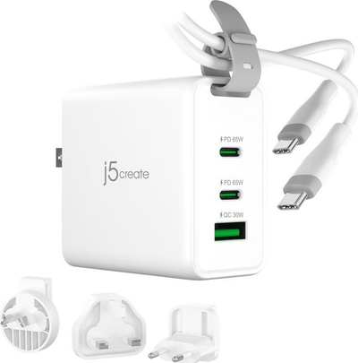 Karikues udhëtimi J5create 65W GaN, 3 porta USB C USB A, me kabllo USB C, i bardhë