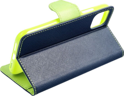 Këllëf portofol Fancy për Samsung Galaxy M23, me këmbë mbështetëse, mbyllje me magnet, blu navy me lime