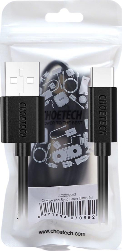 Kabllo USB në USB-C Choetech AC0002, 1m, 3A, e zezë