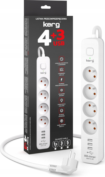 Prizë zgjatuese Kerg, 4 dalje, 3 porta USB, 1.5 m, e bardhë