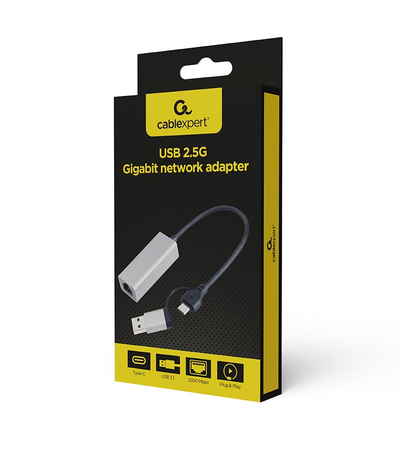 Adapter rrjeti Gembird USB C në RJ 45, 2.5 Gbps, USB 3.1, zi argjend