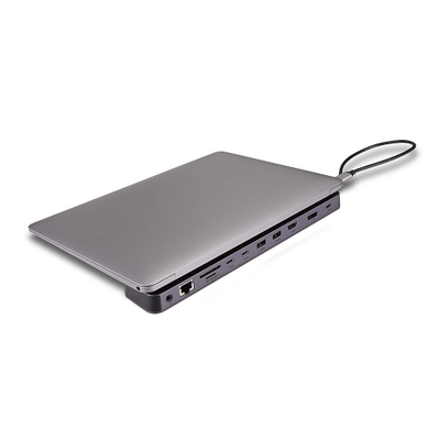 Docking station për laptop Lindy DST Mini XT 810, USB C, 2x ekran deri 4K60, 100W Power Delivery, gri