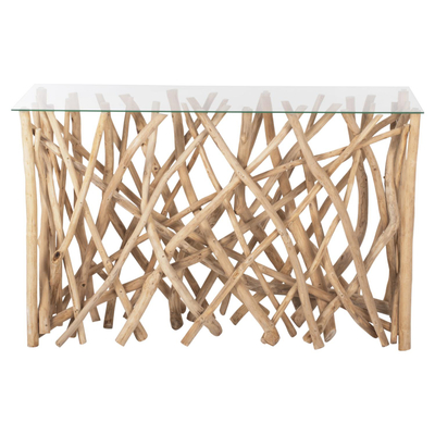 Konzolë rustic druri teak & xham 120×35×75 cm (HM9373)