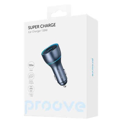 Karikues për makinë Proove Supercharge, 130W, 2×Type-C + USB, metal gri