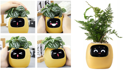Vazo inteligjente PLANTSIO Smart Pet Planter Robot, udhëzues për përkujdesjen e bimëve, ndërvepron me emoji, e verdhë