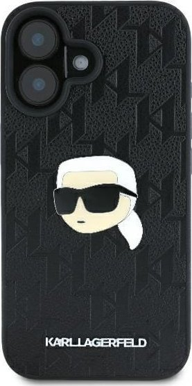 Kapak telefoni Karl Lagerfeld Monogram Karl Head Pin, për iPhone 16 6.1", TPU PC, i zi