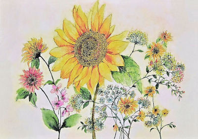 Kartolina Watercolor Sunflower, me luledielli në akvarel, set me shumëngjyra