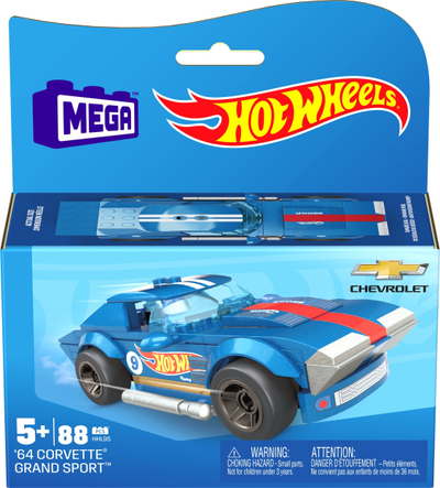 Set ndërtimi MEGA Hot Wheels 64 Corvette Grand Sport, 88 copa, me figurë shoferi, blu