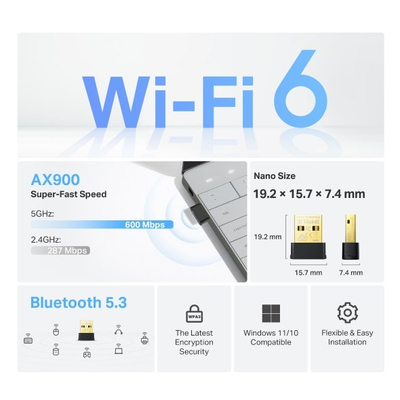Adapter Wi‑Fi USB TP-Link Archer TX10UB Nano, AX900 Wi‑Fi 6, Bluetooth 5.3, ngjyrë e zezë