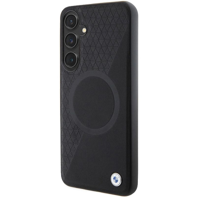 Mbulesë telefoni BMW Leather MagSafe, lëkurë natyrale, për Samsung Galaxy S24 Plus, e zezë