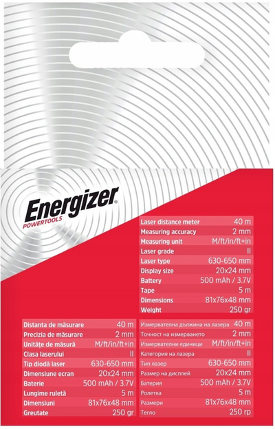 Metër matëse Energizer Digital, 5 m, lazer 40 m, zezë e kuqe
