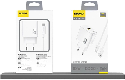 Полнач USB Dudao A27S, 25W GaN, Quick Charge 3.0, црн
