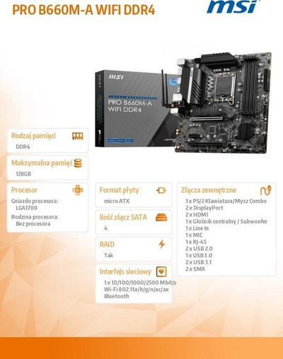Pllakë amë MSI Pro B660M, Socket 1700, DDR4