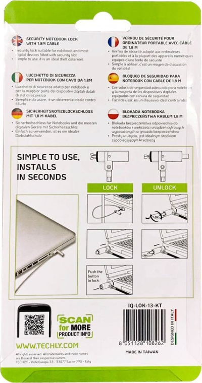 Kabllo sigurie për notebook Techly Wedge Lock, 1.8m, me çelës, argjendtë