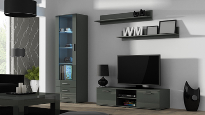 Vitrinë Display Cabinet Soho S1, MDF, xham i temperuar, gri me shkëlqim
