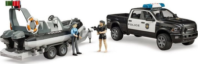 Set lodrash Bruder Dodge RAM 2500 Police 02507, kamionçinë policie me varkë, me figura