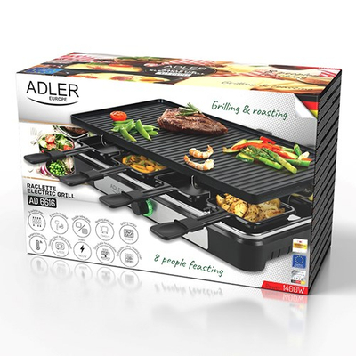 Grill elektrik Adler AD 6616 Raclette 4 në 1, 1400W, për 8 persona, i zi