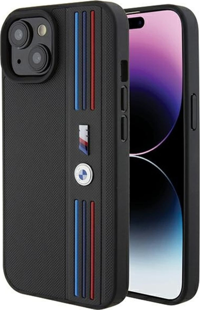 Këllëf telefoni BMW Tricolor M Collection për iPhone 15 6.1", polikarbonat TPU, i zi