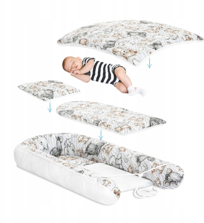 Set kalamajsh HOBBY Kids Cocoon Large Nest, kokon me dyshek, jastëk edhe batanije, me zebra edhe luan