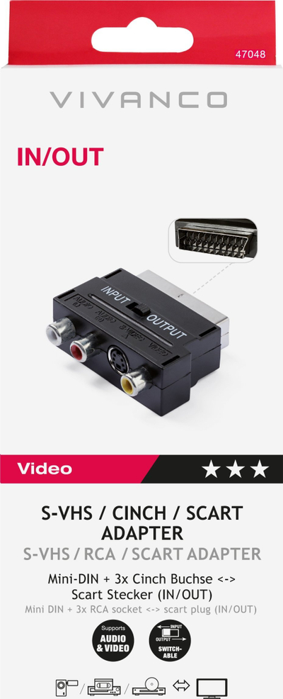 Adapter Vivanco 47048 SCART në 3x RCA Mini DIN, IN/OUT, i zi