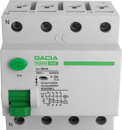 Ndërprerës diferencal Gacia PR8NM, 40A, 30mA 4P Type A, gri