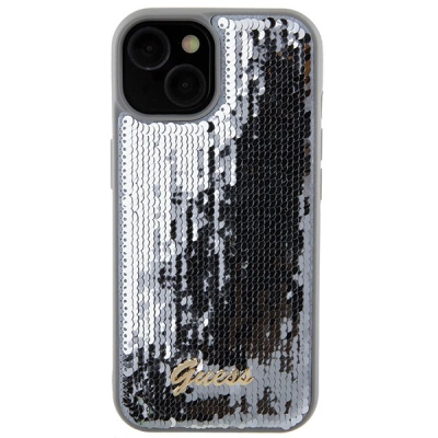 Mbulesë telefoni Guess Sequin Script Metal për iPhone 15 6.1", hardcase, argjendtë