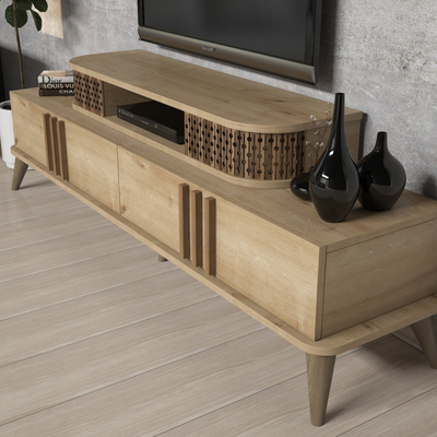 Komodë TV Kalune Design September, me rafte dhe dollapë, dru natyral