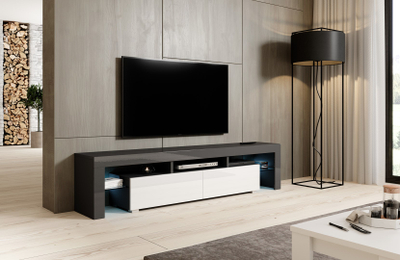 Komodë TV Bed Meble Toro 200, me rafte xhami, gri e bardhë shkëlqyese
