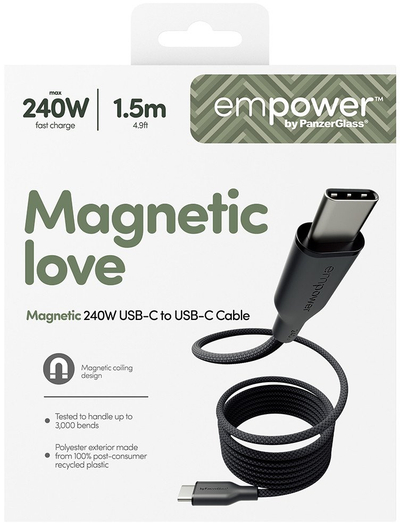 Кабел за полнење PanzerGlass Empower by Magnetic, USB C во USB C, 240W, 1.5m, црна боја