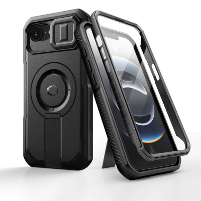 Maskë Tech-Protect Kevlar MagSafe për iPhone 16E, me xham tê integrum, me këmbë mbajtëse, e zezë