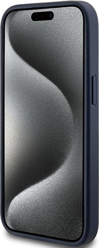 Kapak telefoni Guess 4G Triangle Metal Logo për iPhone 15, lëkurë ekologjike, shkon me karikim wireless, blu