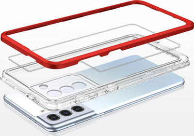 Kapak telefoni Samsung Galaxy S21 5G, hybrid armor 3 në 1, i tejdukshëm, me kornizë të kuqe