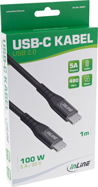 Kabllo USB InLine USB C në USB C, 2m, 100W, e zezë